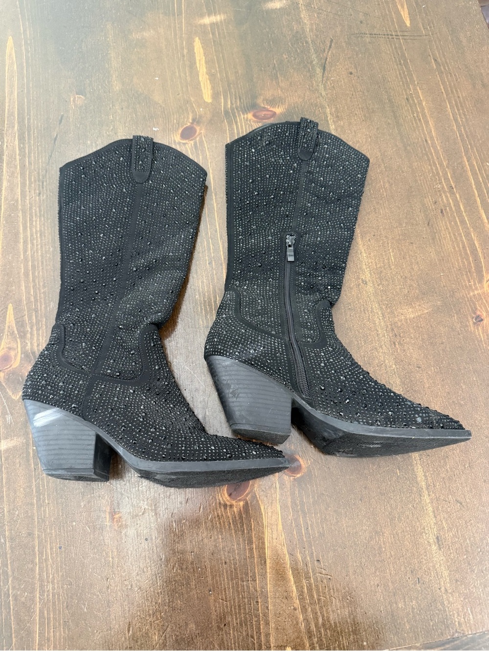 Forever 21 Black Rhinestone Western Block Heel Boots